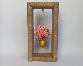 Boho Home Decor - Glass jars with dried flowers and beeswax on the wooden stand wrapped with jute rope - Size S