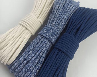 Braided Cotton Cord 5 mm (0.2") with Cotton Filler for Sewing - Navy and Ivory