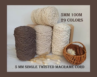 5 mm (0.2") Single Twisted Macrame Cord 100m (328ft) - 29 colors - 100% Cotton, cotton twine rope, macrame cord 5mm - Feathers and leaves