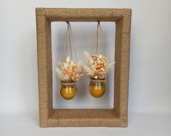 Boho Home Decor - Glass jars with dried flowers and beeswax on the wooden stand wrapped with jute rope - Size M