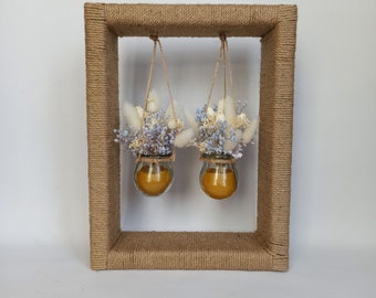 Boho Home Decor - Glass jars with dried flowers and beeswax on the wooden stand wrapped with jute rope - Size M