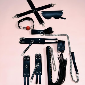 8pc Adult BDSM Bondage Set Hand Cuffs Foot Cuff Whip Rope Clamps