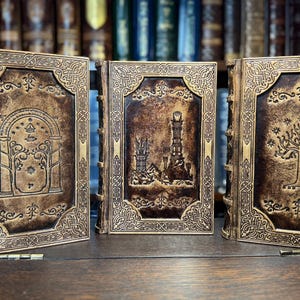 K&ouml;nnte beinhalten: Drei ledergebundene B&uuml;cher mit aufwendigen Designs. Die Einb&auml;nde zeigen gepr&auml;gte Bilder einer T&uuml;r, eines Turms und eines Baumes, alle in Gold- und Braunt&ouml;nen. Die B&uuml;cher stehen auf einer Holzoberfl&auml;che, mit einem verschwommenen B&uuml;cherregal im Hintergrund.