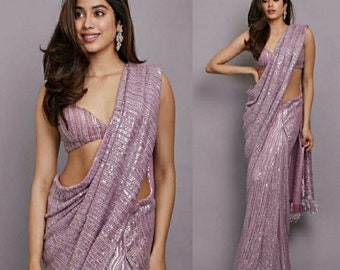saree for women with stitched blouse free shipping sequence organza designer saree from usa indian dresses ethnic casual partywear saree