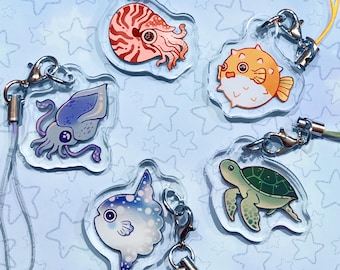 Mini Sea Creature 1" Acrylic Phone Charms | Nautilus, Pufferfish, Sunfish, Turtle, Squid