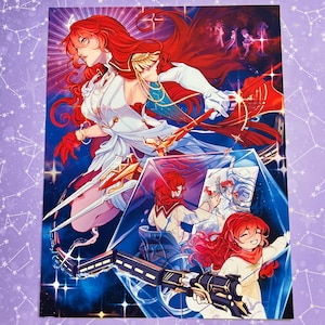 May include: A vibrant digital illustration featuring a red-haired character in a white military-style uniform with gold epaulets, holding a glowing staff. Below, a smaller version of the character sits in a wheelchair, painting on a canvas.