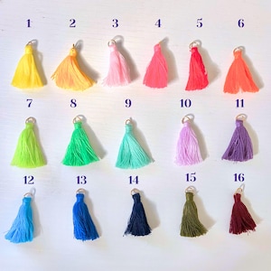 May include: Sixteen colorful tassels in various shades, including yellow, orange, pink, red, green, blue, purple, and teal. Each tassel has a gold-colored metal loop at the top. The tassels are arranged in four rows of four.