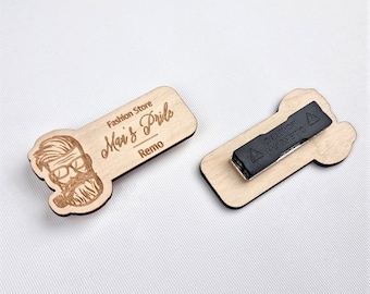 Personalized Engraved Wooden Name Tag, Magnetic Business ID Badge