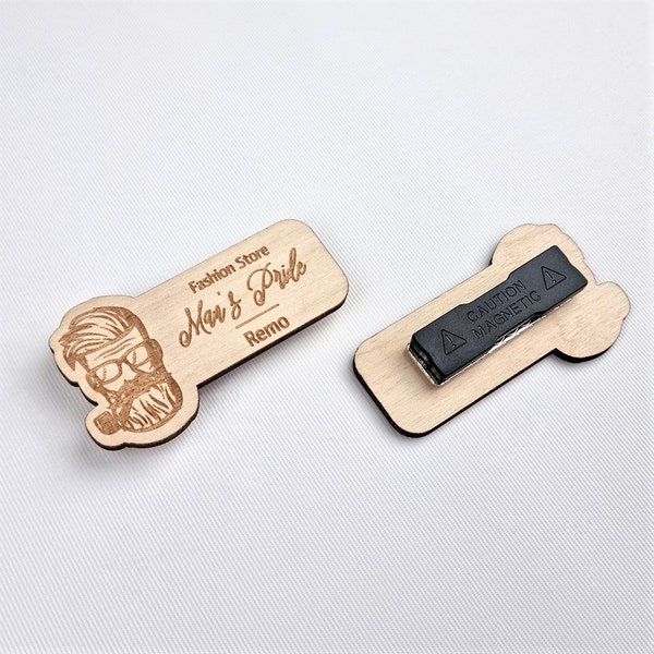 Placa de identificación de madera grabada personalizada, credencial magnética para negocios.