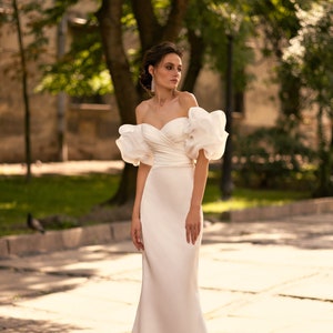 Unique wedding dress, Simple wedding dress, Satin bridal gown, Puffed Sleeve wedding dress, Mermaid bridal gown, Minimalistic bridal dress