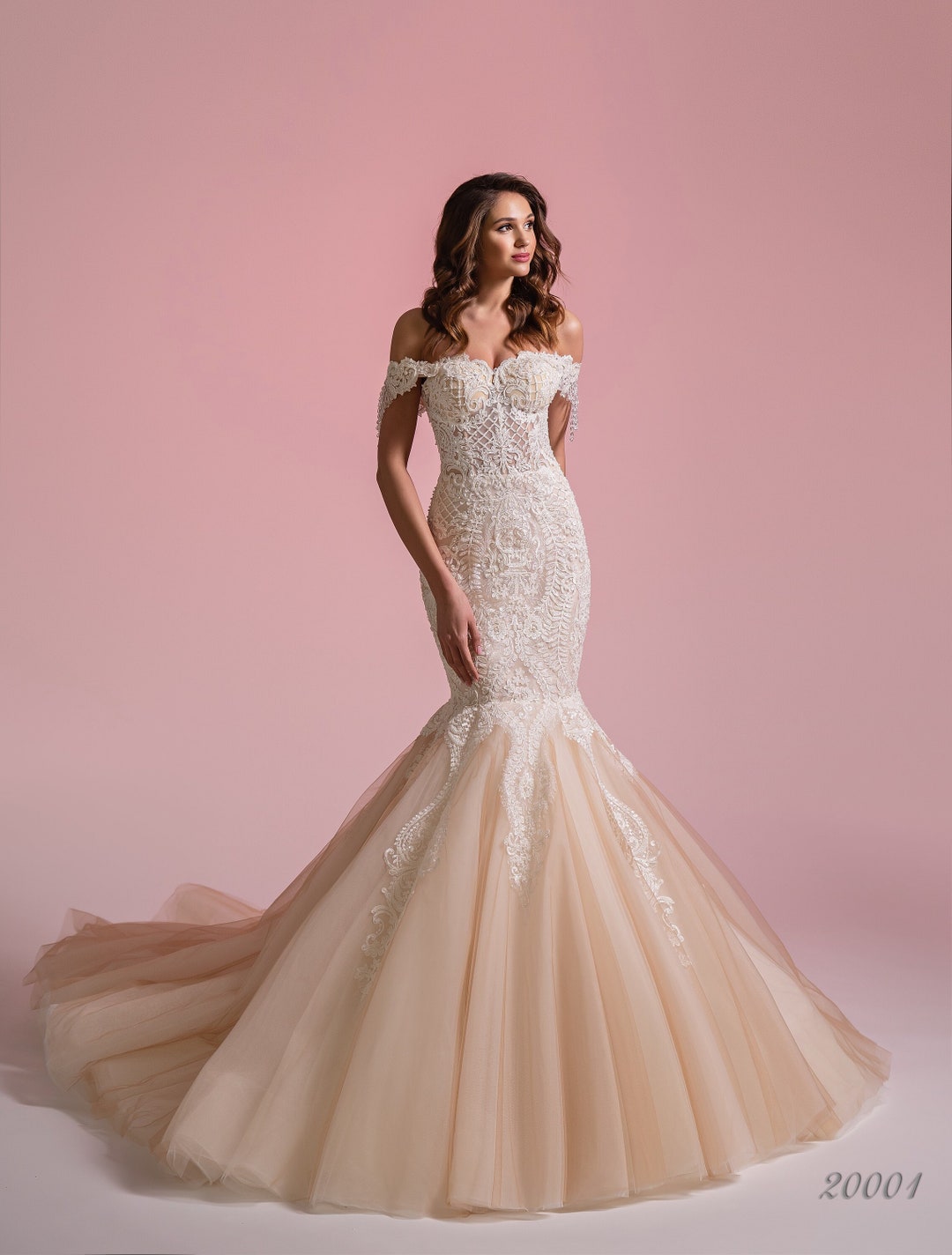 Mermaid Bridal Dress, Champagne Corset Bridal Gown, Unique Long Wedding Dress, Lace Full Length
