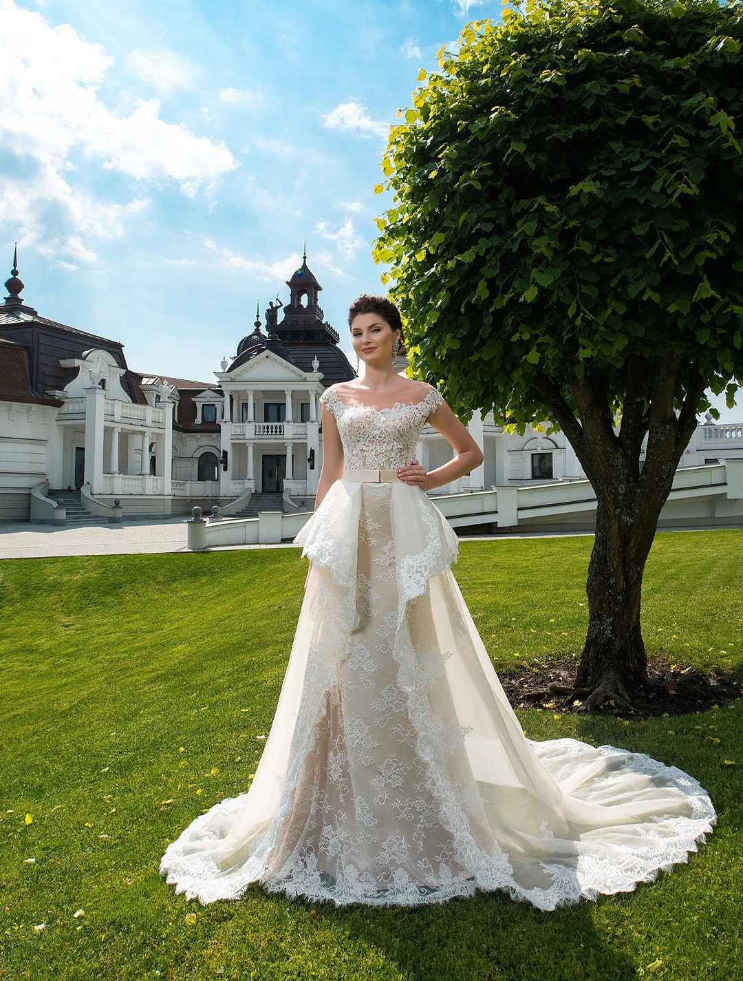 Champagne Bridal Dress, Long Wedding Dress, Embroidered Peplum Bridal ...