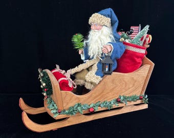 Reproduction of Antique German Santa With Lantern in Handcrafted Wooden Sleigh With Vintage Toys