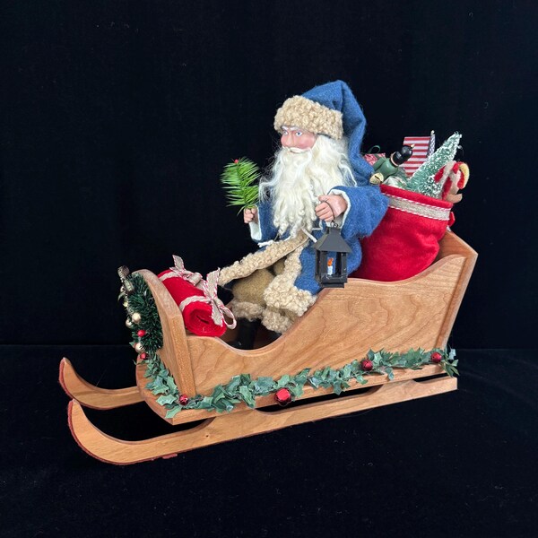 Reproduction of Antique German Santa With Lantern in Handcrafted Wooden Sleigh With Vintage Toys