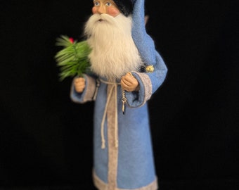 11.5” Antique German (replica) Blue Woodsman Santa Candy Container with Logs and Pocket Watch