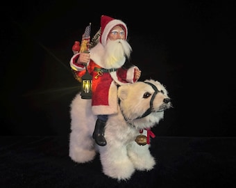 Artisan Reproduction of German Poseable Santa on Polar Bear Figurine with Working Lantern