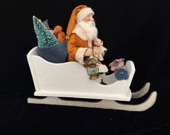 Artisan German Santa Reproduction with Antique Dog in Sleigh full of Vintage Toys