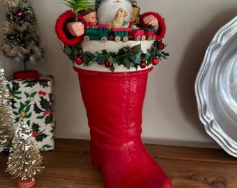 Vintage Paper Mache Santa Boot with Artisan Santa & Antique Toys