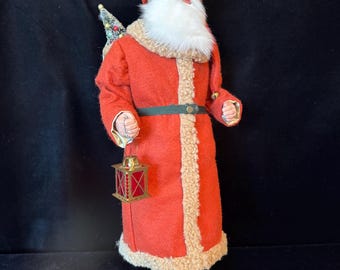 German Santa Candy Container Reproduction 18” with Brass Lantern, and a Basket of Toys