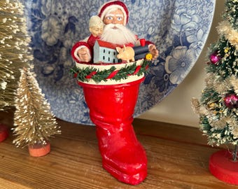 Paper Mache Red Boot Candy Container With Handcrafted Santa and Vintage Toys