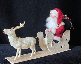 7” Vintage Sleigh and Celluloid Reindeer with Antique German (replica) Santa and Sack of Toys