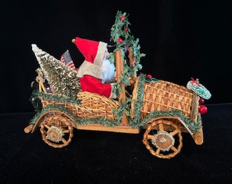 Vintage Wicker Car with Artisan Santa, Erzgebirge House & Flag