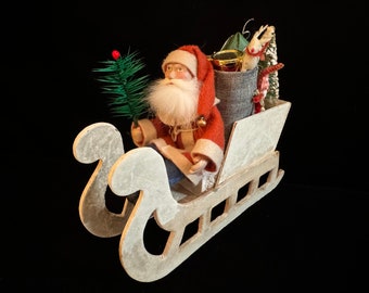 Vintage Sleigh With Artisan Replica German Antique Santa, Bottlebrush Tree and Toys