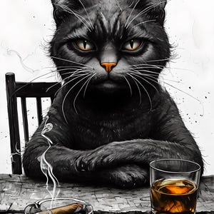 ウィスキーと葉巻を持った黒猫のプリント | 不機嫌な猫のアート | おもしろ動物のデジタルダウンロード | 男の隠れ家バーの装飾 | 猫好きの方へのユニークなギフト