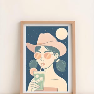 Retro Summer Night Art Print | Minimalist Woman Illustration | Pastel Aesthetic Wall Art | Cowgirl Hat Drink Poster | Boho Wall Art | Pastel