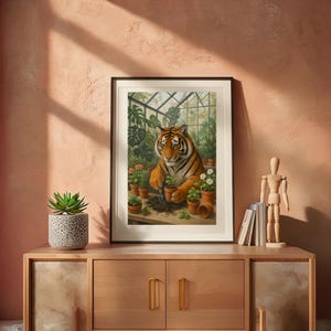 Tiger Gardener Print | Digital Download | Whimsical Animal Art| Botanical Greenhouse | Instant Download | Home Decor | Cute Tiger Poster