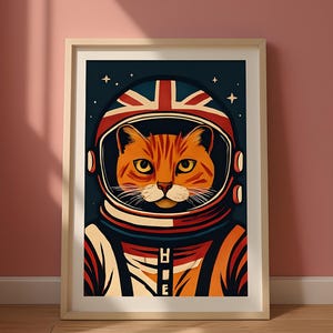 Lámina artística de gato astronauta / Póster de gato espacial / Arte mural de animales patrióticos / Decoración retro de gatitos de ciencia ficción / Decoración de habitación infantil / Regalo único de arte para mascotas