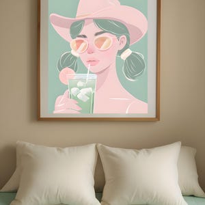 Pastel Cowgirl Art Print | Minimalist Summer Drink Illustration | Retro Woman Wall Decor | Aesthetic Room Art | Boho Chic Wall Art | Pink