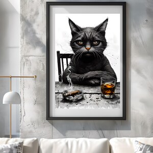 ウィスキーと葉巻を持った黒猫のプリント | 不機嫌な猫のアート | おもしろ動物のデジタルダウンロード | 男の隠れ家バーの装飾 | 猫好きの方へのユニークなギフト