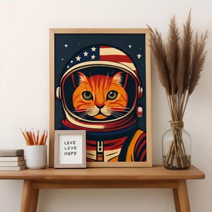 Lámina artística de gato astronauta / Póster de gato espacial / Arte mural de animales patrióticos / Decoración retro de gatitos de ciencia ficción / Decoración de habitación infantil / Regalo único de arte para mascotas