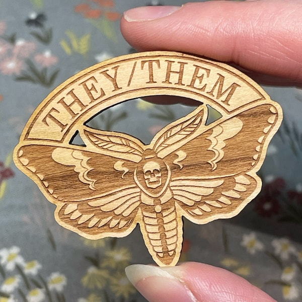 Wooden Pronoun Pins | Moth Pins | Wood Burning