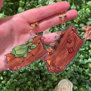 Puede incluir: Un par de pendientes de acrílico transparente con un diseño de vetas de madera, un insecto de hoja verde y mariquitas. Los pendientes tienen herrajes dorados y el texto "APOTHECAROCTOPUS" está impreso en la parte inferior.