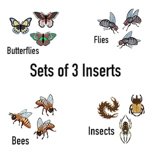 Puede incluir: Un conjunto de tres ilustraciones de insectos, que incluyen mariposas, moscas y abejas. Las ilustraciones son coloridas y detalladas, con un estilo de dibujos animados. El texto "Sets of 3 Inserts" se muestra sobre las ilustraciones.