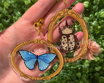 May include: Two clear acrylic keychains with gold-colored hardware. One features a blue butterfly, the other a beetle, both within ornate gold frames. The keychains are held against a backdrop of green foliage.