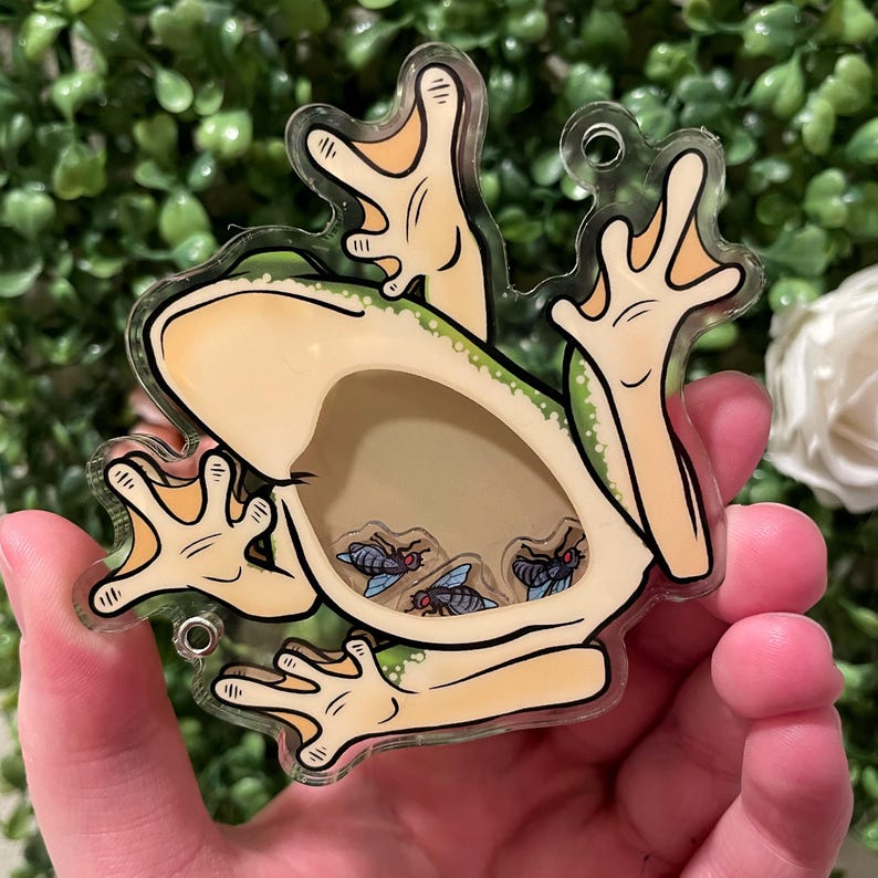 Puede incluir: Un llavero de rana verde y beige con una ventana de pl&aacute;stico transparente que muestra cuatro moscas en su interior. La rana tiene un estilo de dibujos animados y est&aacute; sosteniendo sus patas hacia arriba.