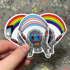 Könnte beinhalten: Drei Regenbogen-Pride-Flaggen-Aufkleber mit einer Cartoon-Spinne in der Mitte. Die Spinne ist blau, orange und grau mit einem weißen, flauschigen Körper. Die Regenbogenflaggen sind in den Farben des traditionellen Regenbogens, der Transgender-Pride-Flagge und der Bisexuellen-Pride-Flagge.