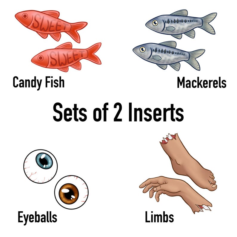 Puede incluir: Un conjunto de dos peces de caramelo rojos con la palabra "SWEET" impresa en ellos, un conjunto de dos caballas azules, un conjunto de dos ojos y un conjunto de dos miembros humanos.