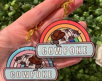 May include: Two clear acrylic keychains with a rainbow design and a cartoon pill bug wearing a cowboy hat. The text "COWPOKE" is printed on each keychain.