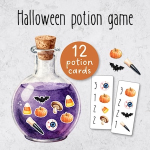 May include: A Halloween potion game set featuring a large glass bottle filled with purple liquid and various icons including pumpkins, candy corn, mushrooms, eyeballs, and bats. Includes 12 potion cards with numbered lists of ingredients.