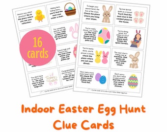 EASTER EGG HUNT cards printable Indoor Easter egg scavenger hunt riddle clues for kids