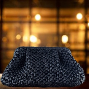 Black Boho Purse, Party Clutch, Summer Bag for Women, Straw Pouch, Woven Clutch, Crochet Gifts, Summer Gift for Women, Black Top Handle Bag