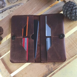Cartera plegable larga de cuero marrón, Funda de cuero para iPhone, Cartera para teléfono móvil, Bolsillo de cartera para teléfono, Cartera para teléfono móvil, Cartera para iPhone
