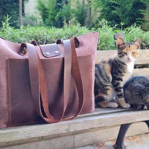 Suede Leather Tote Bag Pink and Brown, Tote for Women with Pockets, Large Tote Purse, Suede Handbag, Slouchy Leather Bag, Handmade Tote Bag