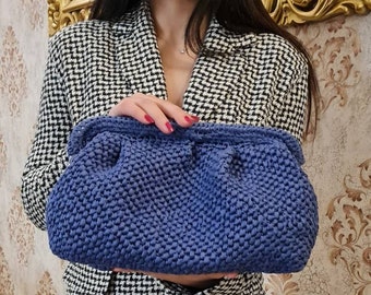 Crochet Large Blue Pouch Bag, Knitted Raffia Clutch Purse, Women Trendy Handbag, Blue Boho Purse, Fashion Summer Style, Dumpling Straw Pouch