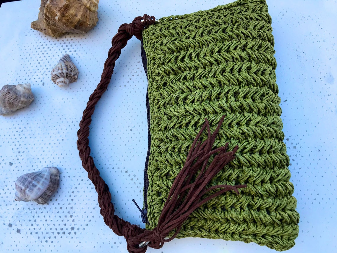 Straw Clutch Bag Crochet Summer Bag Woman Wristlet Purse Etsy