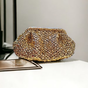 Raffia Bag  with Metallic Raffia Yarn in Golden, Evening Clutch Purse for Women, Knitted Clutch, Straw Pouch, Beach Clutch, Handmade Bag